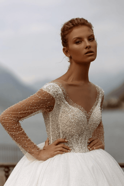 Embellished Wedding Dress - Corset Wedding Dress - Long Sleeve Ball Gown with Pearls Plus Size - WonderlandByLilian