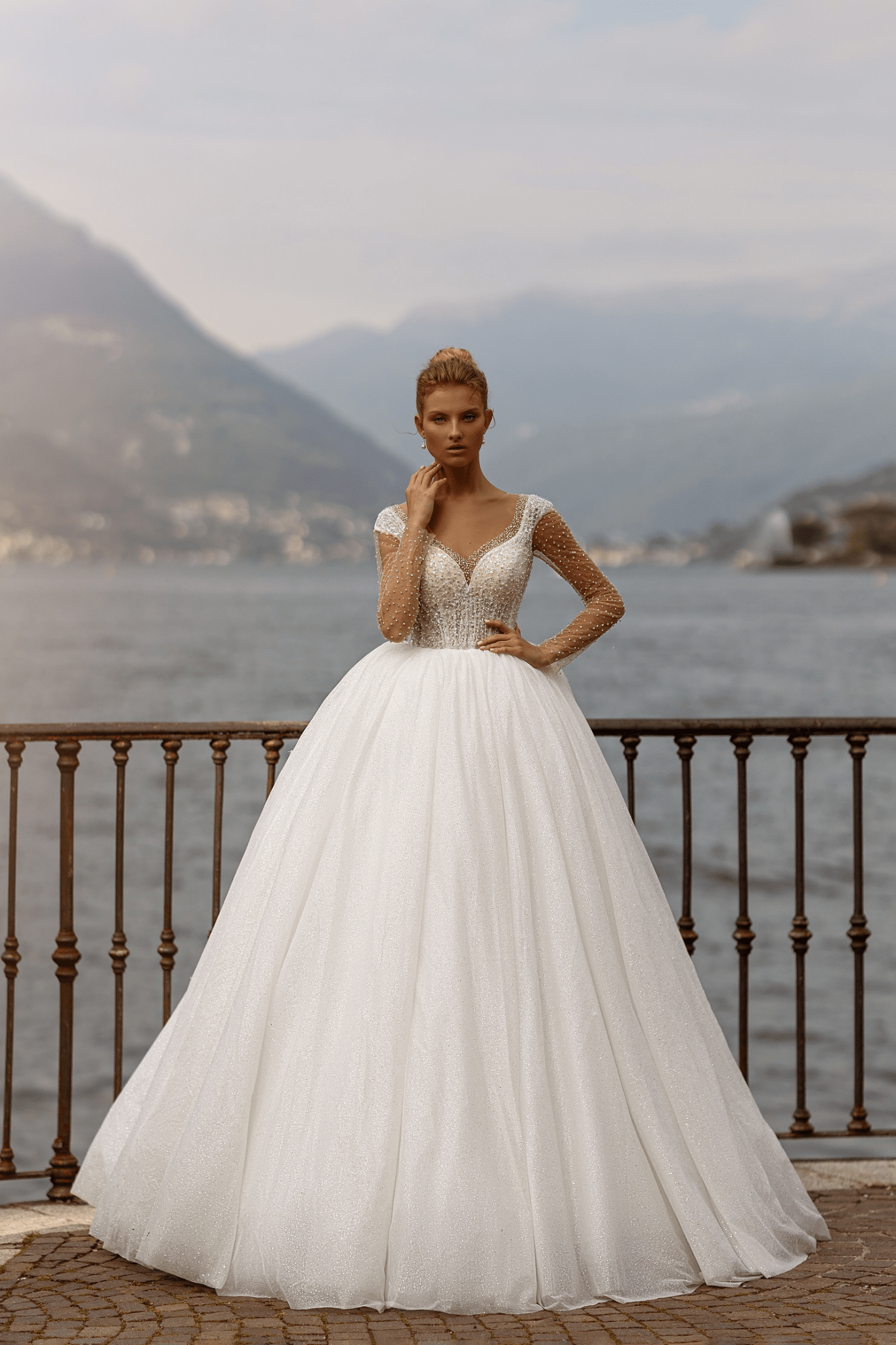 Embellished Wedding Dress - Corset Wedding Dress - Long Sleeve Ball Gown with Pearls Plus Size - WonderlandByLilian