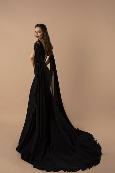 Embroidery Gothic Black Evening Dress with Flowing Sleeves and Plunging Neckline Plus Size - WonderlandByLilian