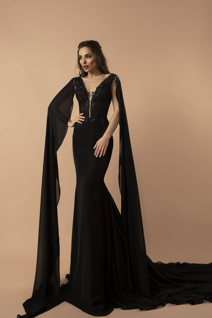 Embroidery Gothic Black Evening Dress with Flowing Sleeves and Plunging Neckline Plus Size - WonderlandByLilian