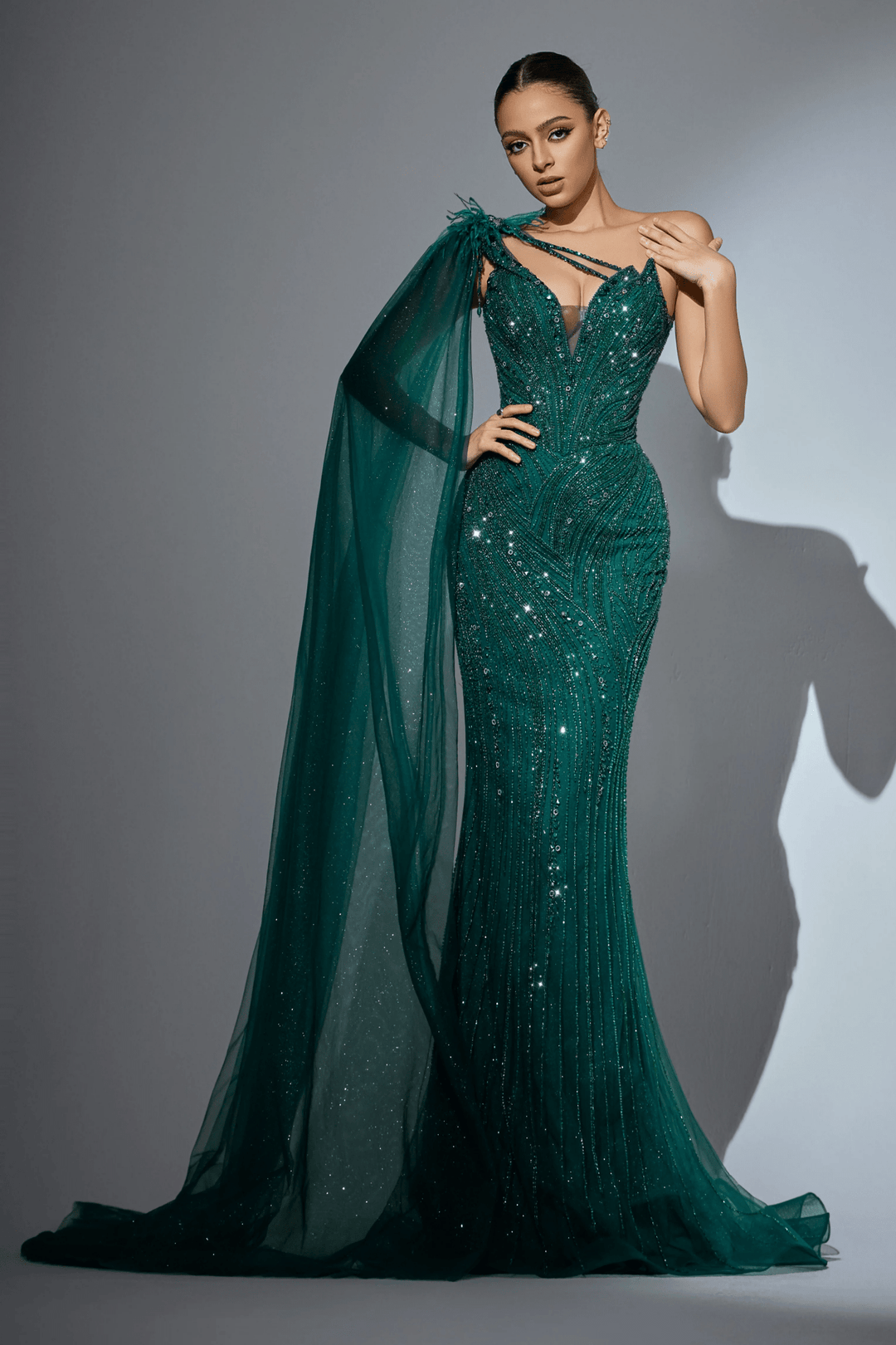 Emeral Green Embellished Gown with One Shoulder Feather Detail – Sequin and Feather Dress Plus Size - WonderlandByLilian