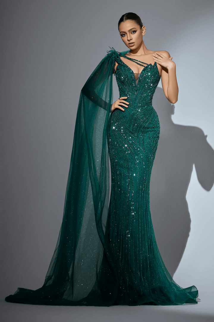 Emeral Green Embellished Gown with One Shoulder Feather Detail – Sequin and Feather Dress Plus Size - WonderlandByLilian