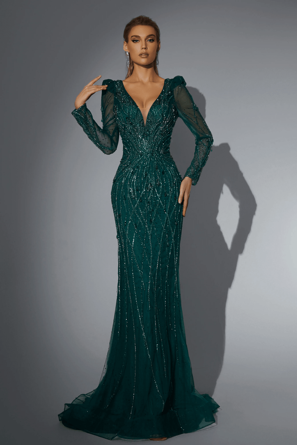 Emeral Green Sequin Evening Dress with Long Sleeves - Pretty Sequin Dress with Illusion Details - Illusion Formal Dress Plus Size - WonderlandByLilian