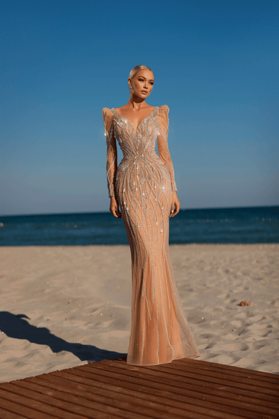 Champagne Dress for Wedding Guest with Long Sleeves - Pretty Sequin Dress with Illusion Details