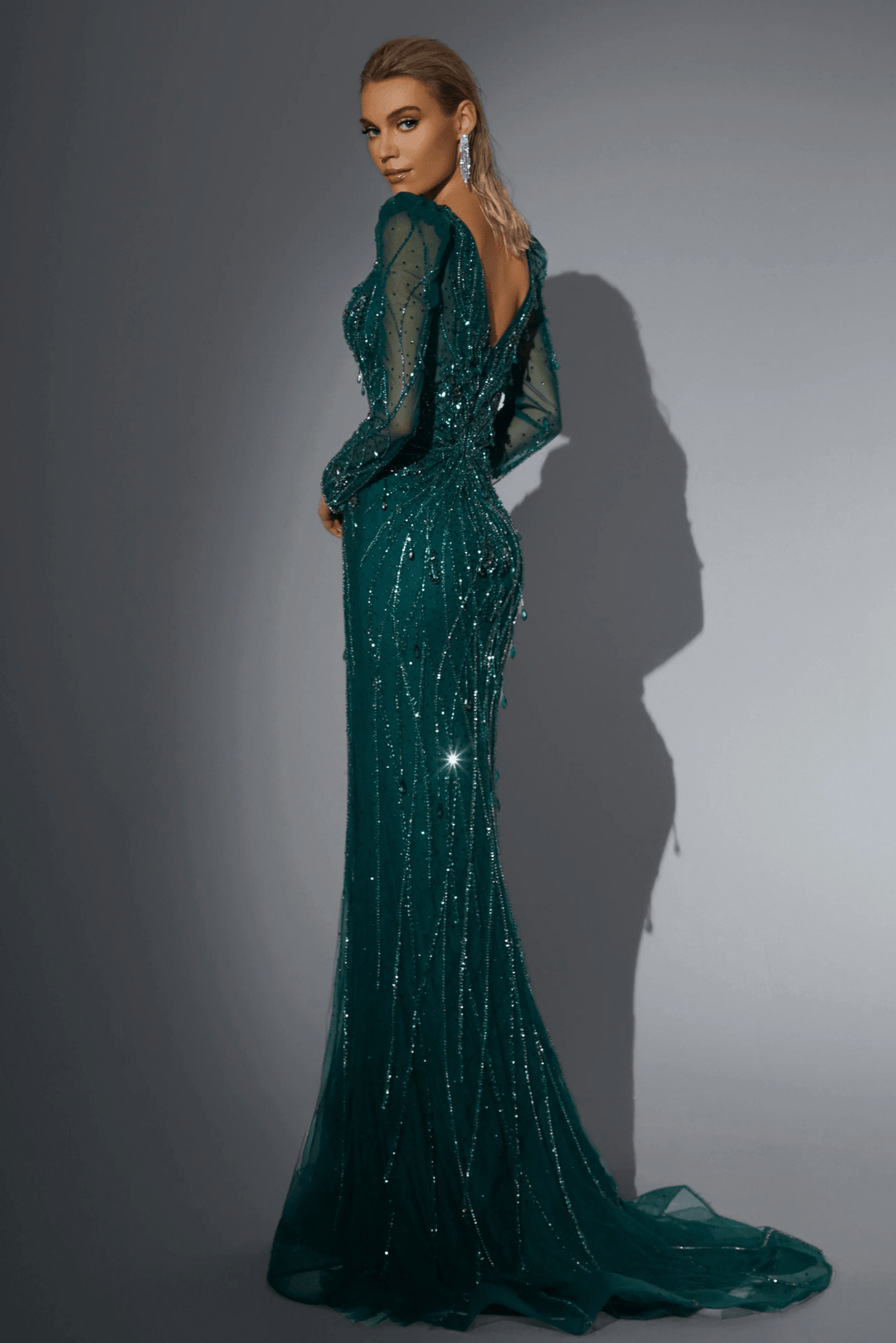 green glitter dress long sleeve Champagne Dress for Wedding Guest with Long Sleeves - Pretty Sequin Dress with Illusion Details