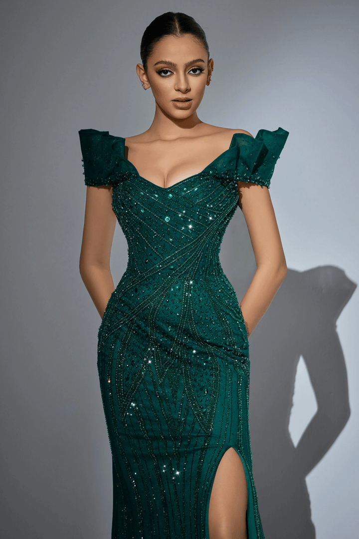 Emeral Green Sequin Evening Gown with Off - Shoulder Ruffled Design – Glitter Maxi Dress with High Slit and Sheer Train Plus Size - WonderlandByLilian