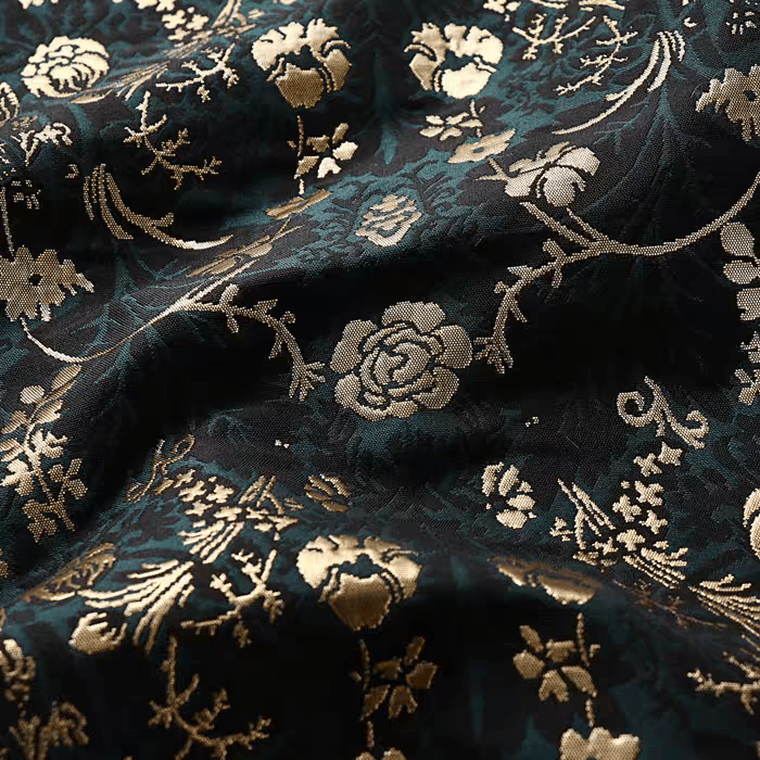 Emerald Floral Jacquard Fabric with Metallic Accents - WonderlandByLilian