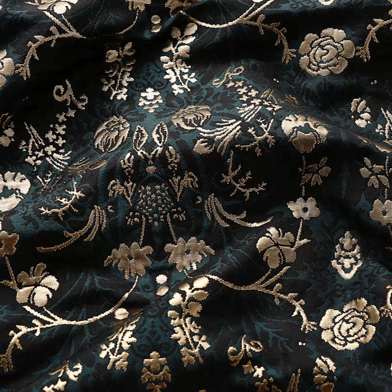 Emerald Floral Jacquard Fabric with Metallic Accents - WonderlandByLilian