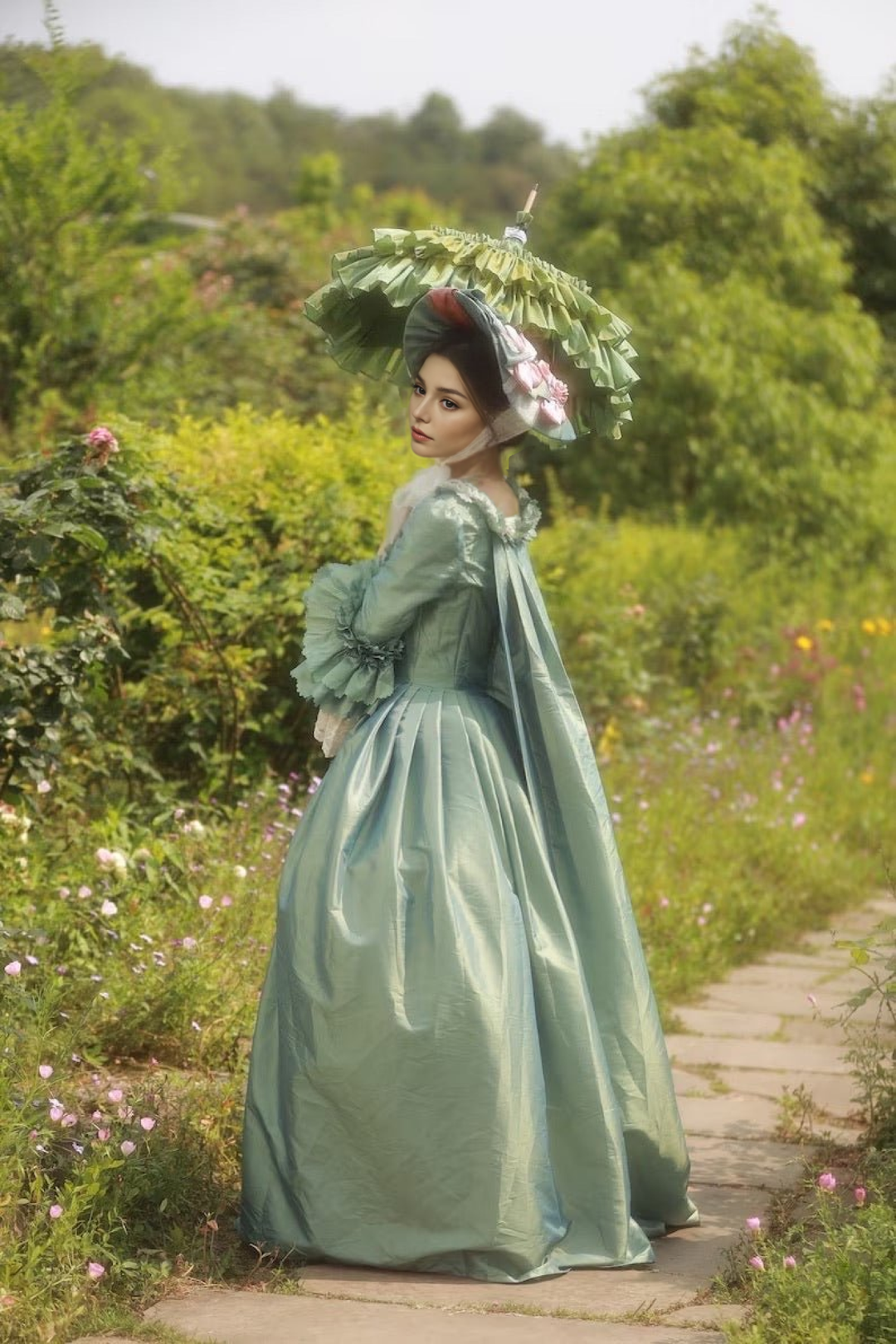 Emerald Green and Pink Rococo Dress – Enchanted Forest Floral Ball Gown with Marie Antoinette Elegance and Baroque Wedding Dress Plus Size