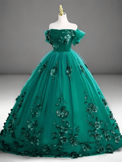 Emerald Green Ball Gown with Floral Accents - Off Shoulder Wedding Dress Plus Size - WonderlandByLilian
