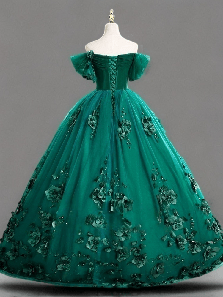 Gothic Emerald Green Ball Gown with Floral Accents - Off Shoulder Wedd WonderlandByLilian Gothic Emerald Green Ball Gown with Floral Accents - Off Shoulder Wedd WonderlandByLilian