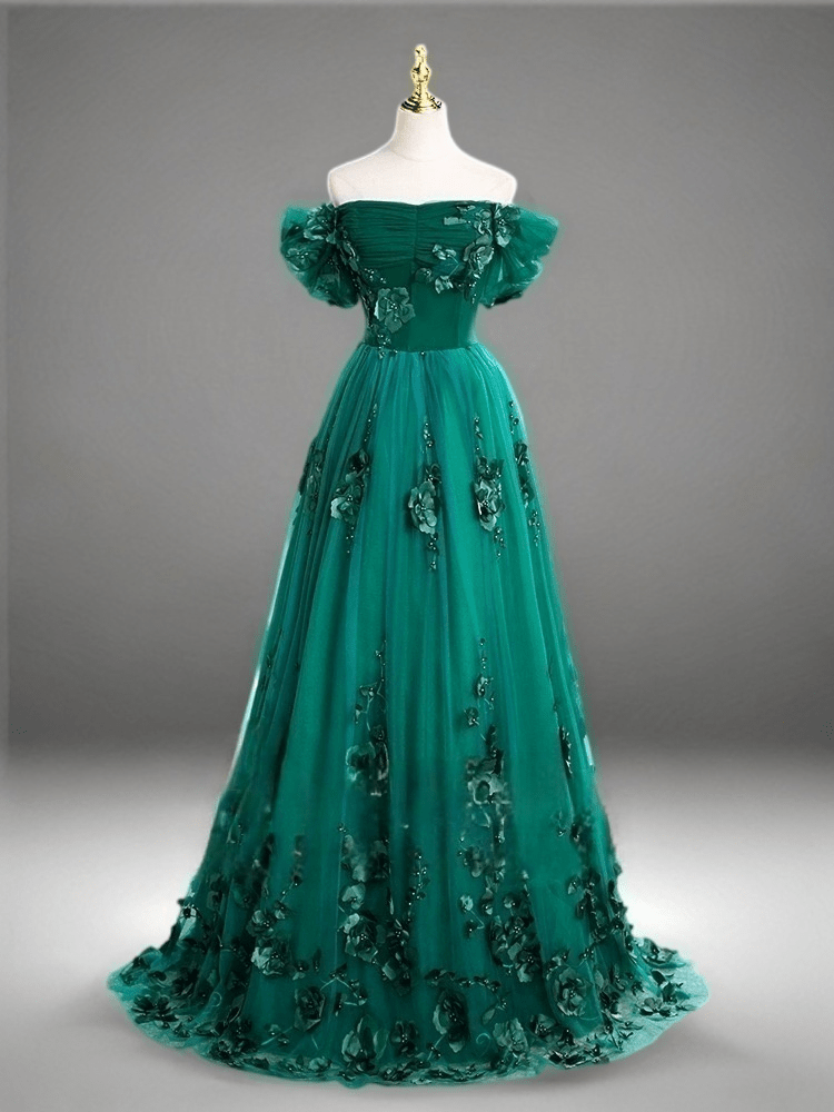 Gothic Emerald Green Ball Gown with Floral Accents - Off Shoulder Wedding Dress Plus Size Size 6 / Teal Green Gothic Emerald Green Ball Gown with Floral Accents - Off Shoulder Wedding Dress Plus Size Size 6 / Teal Green
