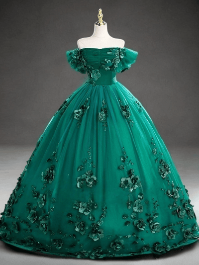 Emerald Green Ball Gown with Floral Accents - Off Shoulder Wedding Dress Plus Size - WonderlandByLilian