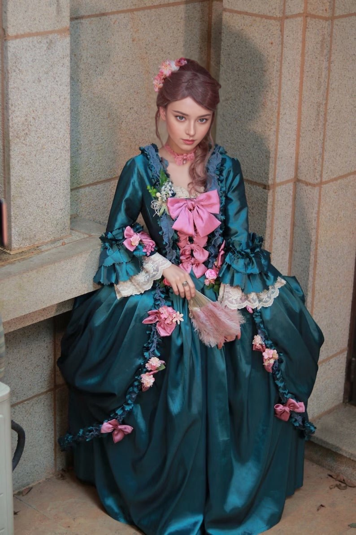 Emerald Green Floral Adorned Rococo Style Dress with Majestic Opulence and Victorian Ball Gown Flourish Plus Size