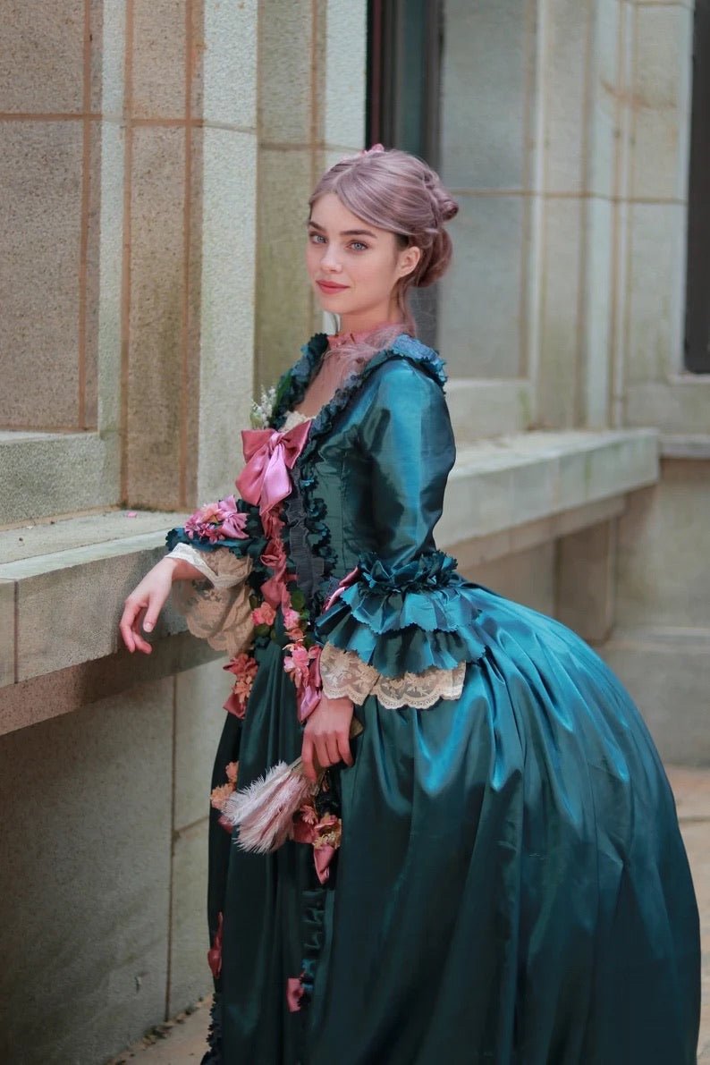 Emerald Green Floral Adorned Rococo Style Dress with Majestic Opulence and Victorian Ball Gown Flourish Plus Size - WonderlandByLilian