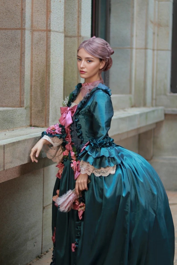 Emerald Green Floral Adorned Rococo Style Dress with Majestic Opulence and Victorian Ball Gown Flourish Plus Size