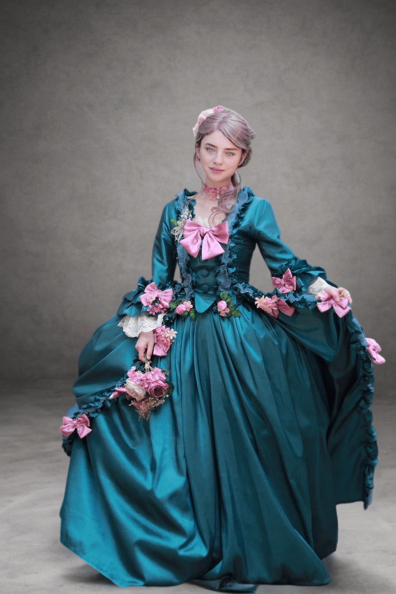 Emerald Green Floral Adorned Rococo Style Dress with Majestic Opulence ...