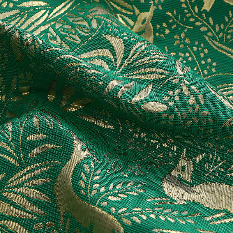 Emerald Green Jacquard Fabric with Gold Embroidery - WonderlandByLilian