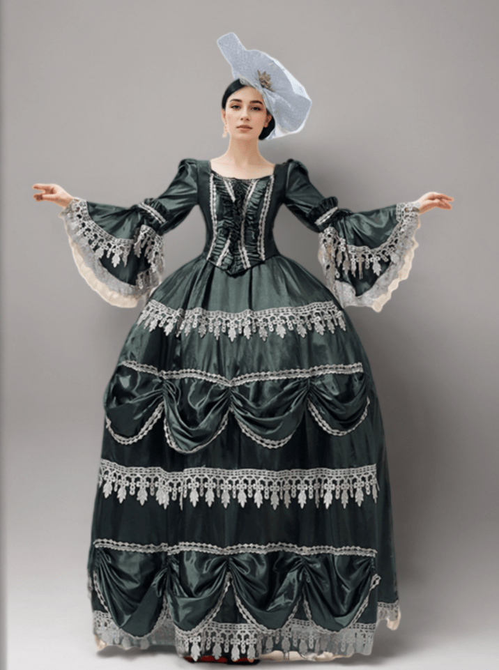 Emerald Green Medieval Dress Medieval Dress – Rococo Ball Gown with Opulent champagne Lace Trim Plus Size - WonderlandByLilian