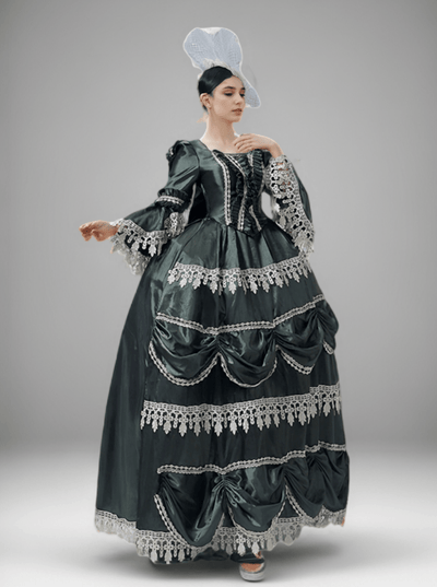 Emerald Green Medieval Dress Medieval Dress – Rococo Ball Gown with Opulent champagne Lace Trim Plus Size - WonderlandByLilian