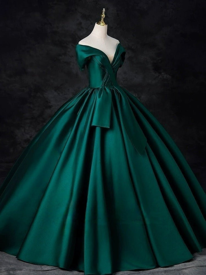 Emerald Green Off-Shoulder Ball Gown with Cinched Waist - Satin Evening Dress Plus Size - WonderlandByLilian