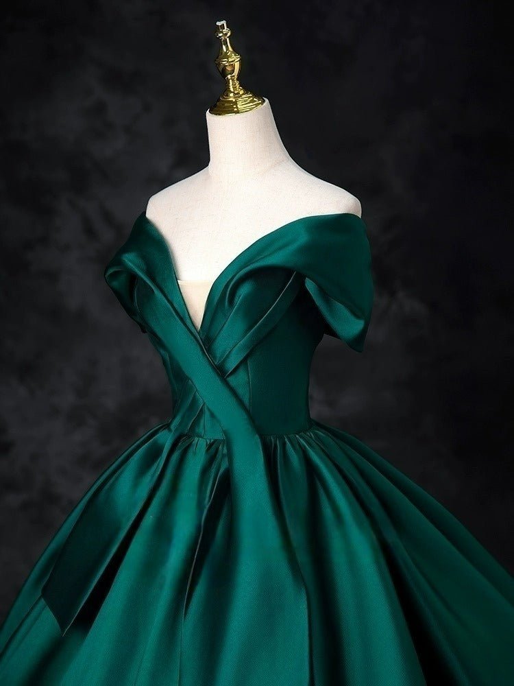 Emerald Green Off-Shoulder Ball Gown with Cinched Waist - Satin Evening Dress Plus Size - WonderlandByLilian