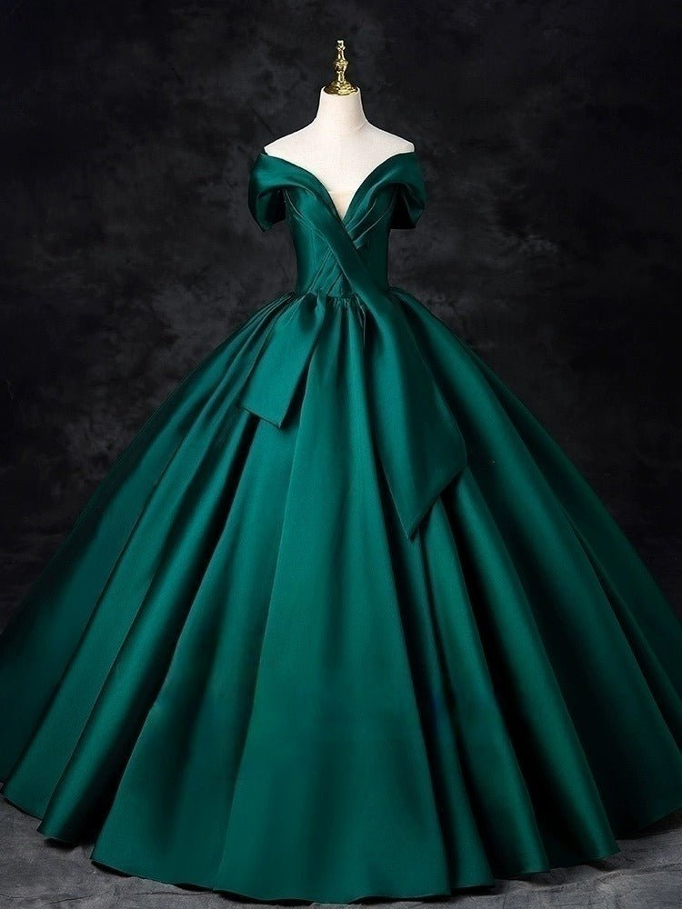 Emerald Green Off-Shoulder Ball Gown with Cinched Waist - Satin Evening Dress Plus Size - WonderlandByLilian