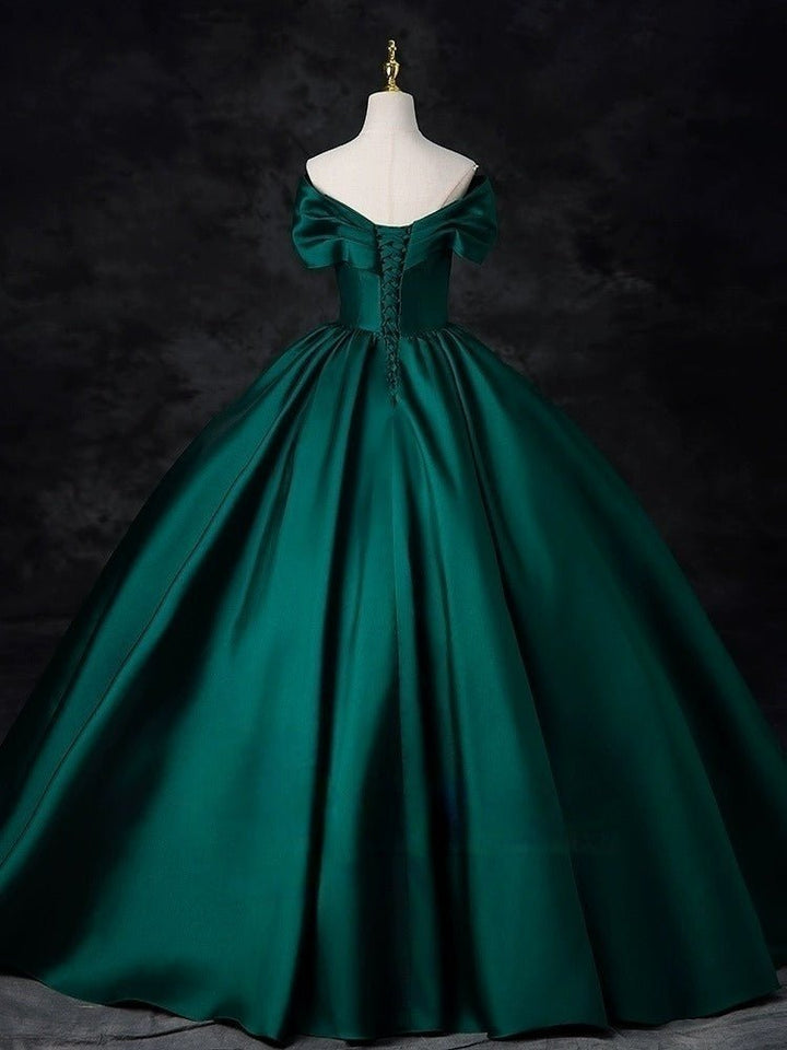 Emerald Green Off-Shoulder Ball Gown with Cinched Waist - Satin Evening Dress Plus Size - WonderlandByLilian