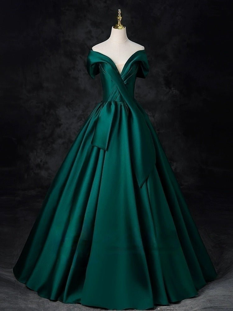 Emerald Green Off-Shoulder Ball Gown with Cinched Waist - Satin Evening Dress Plus Size - WonderlandByLilian