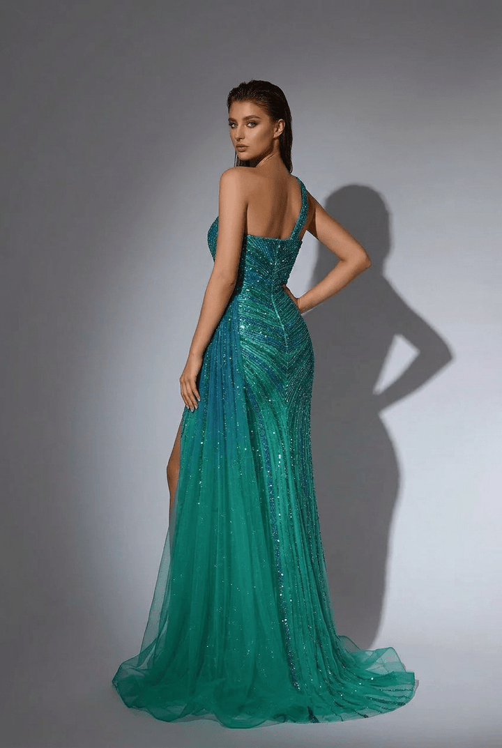 Emerald Green One - Shoulder Sequin Evening Gown with Tulle Overlay – Glitter Maxi Dress with Slit and Beaded Details Plus Size - WonderlandByLilian