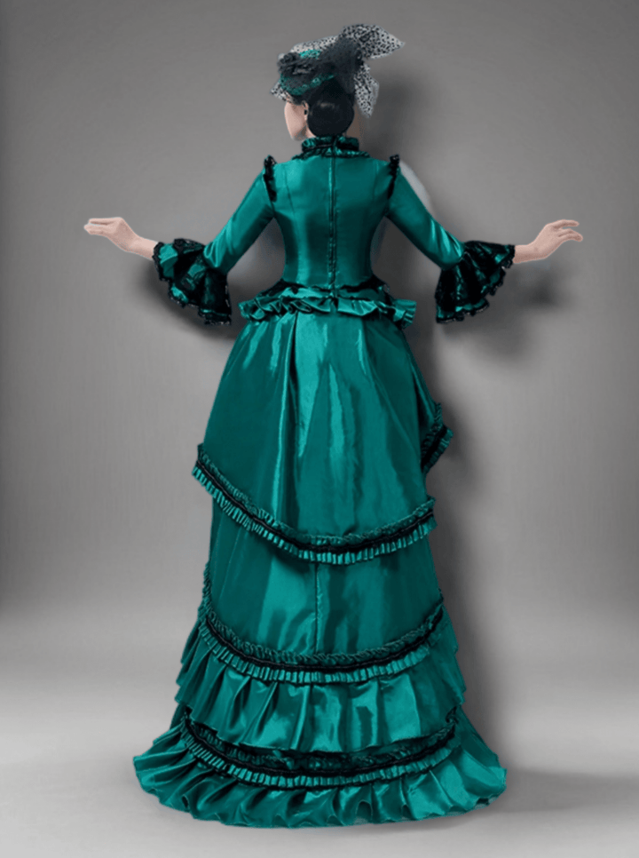 Emerald Green Rococo Ball Gown – Lush Victorian-Inspired Layered baroque Dress with Black Lace Trim Plus Size - WonderlandByLilian