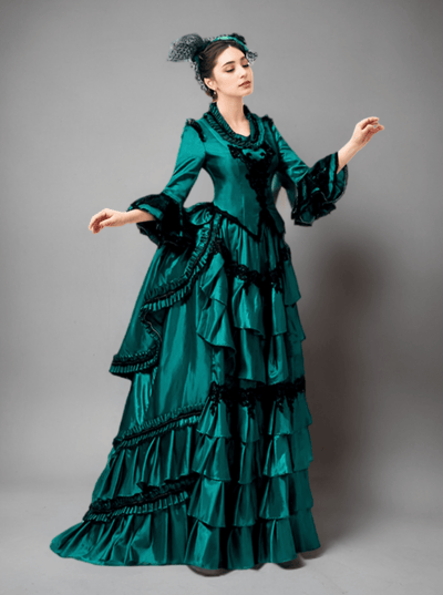 Emerald Green Rococo Ball Gown – Lush Victorian-Inspired Layered baroque Dress with Black Lace Trim Plus Size - WonderlandByLilian
