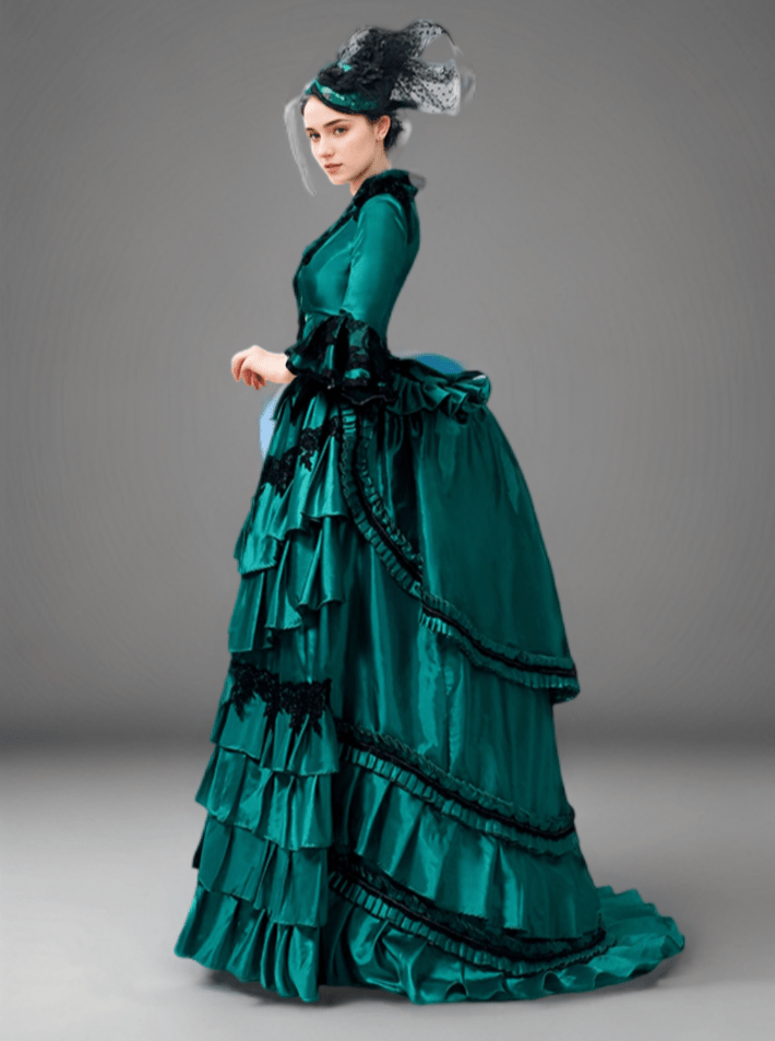 Emerald Green Rococo Ball Gown – Lush Victorian-Inspired Layered baroque Dress with Black Lace Trim Plus Size - WonderlandByLilian