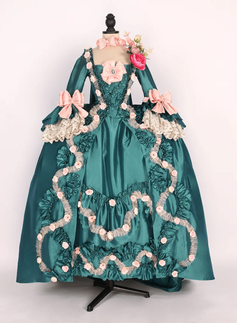 Emerald Green Rococo Dress - Pink Floral Accents & Lace Trimmings - Baroque Elegance Ball Gown Plus Size - WonderlandByLilian