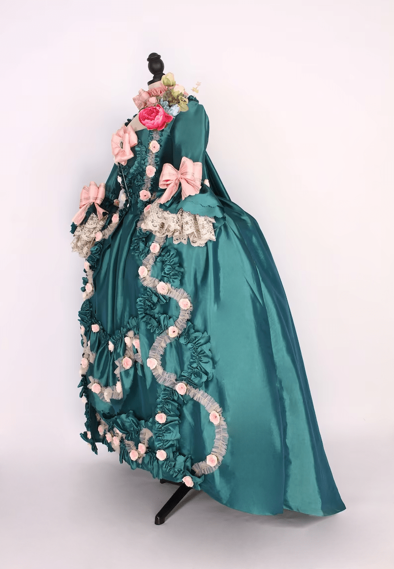 Emerald Green Rococo Dress - Pink Floral Accents & Lace Trimmings - Baroque Elegance Ball Gown Plus Size - WonderlandByLilian