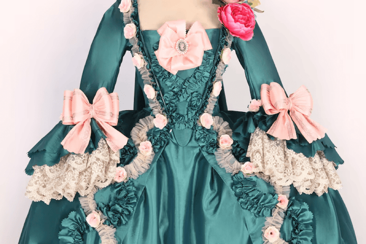 Emerald Green Rococo Dress - Pink Floral Accents & Lace Trimmings - Baroque Elegance Ball Gown Plus Size - WonderlandByLilian