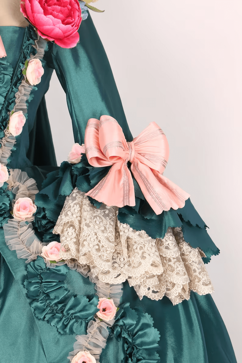 Emerald Green Rococo Dress - Pink Floral Accents & Lace Trimmings - Baroque Elegance Ball Gown Plus Size - WonderlandByLilian