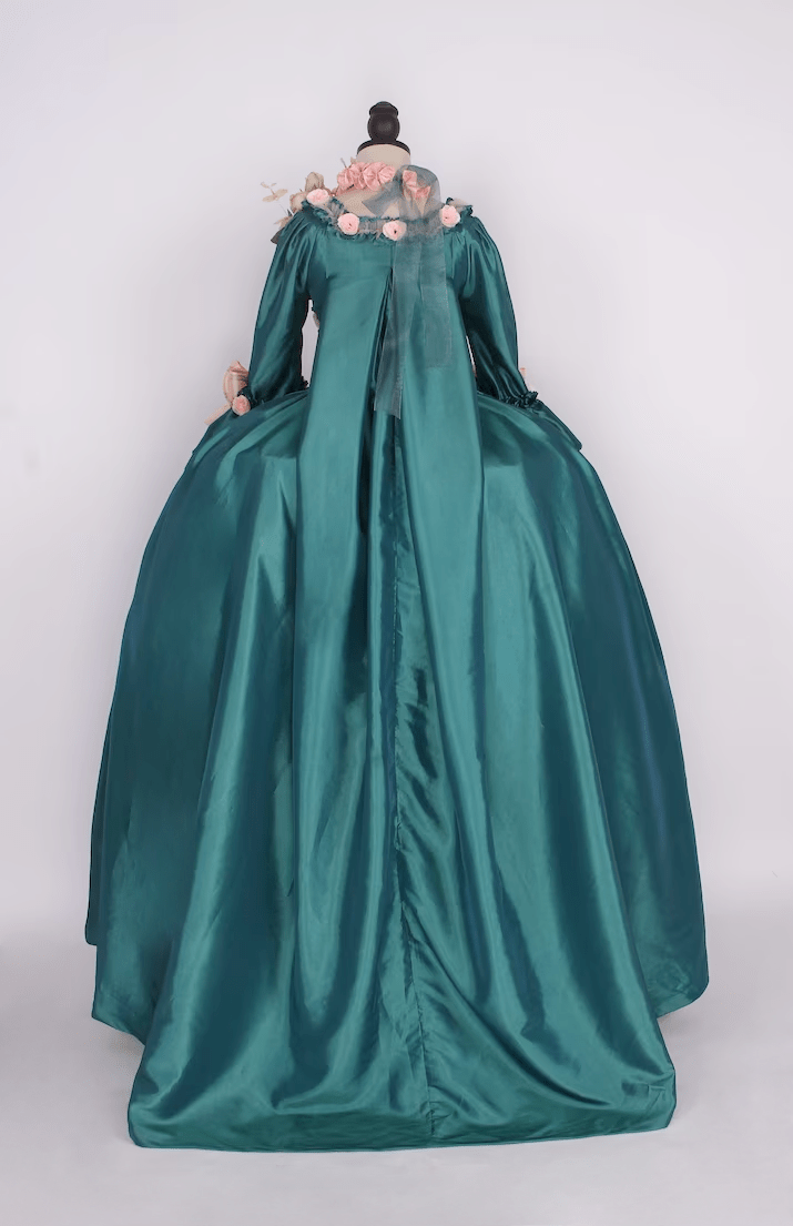 Emerald Green Rococo Dress - Pink Floral Accents & Lace Trimmings - Baroque Elegance Ball Gown Plus Size - WonderlandByLilian
