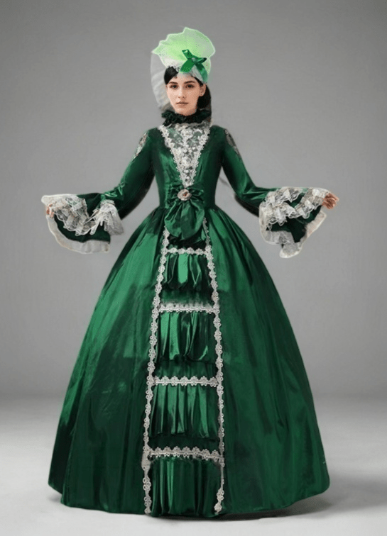 Emerald Green Rococo Medieval Dress – Opulent Victorian Gown with Gloden Lace Accents Plus Size - WonderlandByLilian