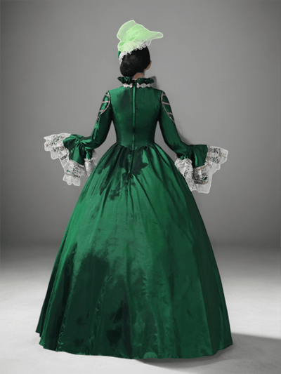 Emerald Green Rococo Medieval Dress – Opulent Victorian Gown with Gloden Lace Accents Plus Size - WonderlandByLilian