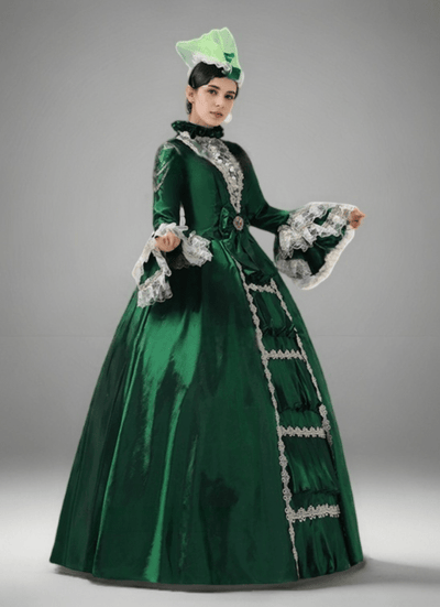 Emerald Green Rococo Medieval Dress – Opulent Victorian Gown with Gloden Lace Accents Plus Size - WonderlandByLilian