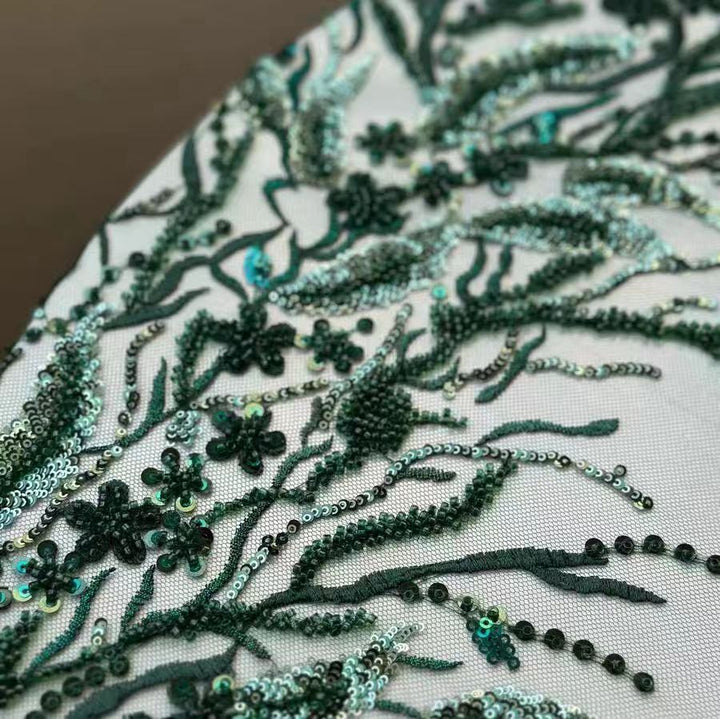 Emerald Green Sequined Embroidered Lace Fabric - Glamorous Sheer Design - WonderlandByLilian