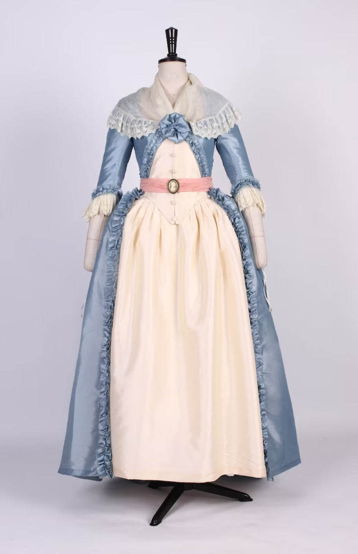 Enchanted Blue Rococo Dress with Pink Bow Accent - Victorian Ball Gown Plus Size - WonderlandByLilian