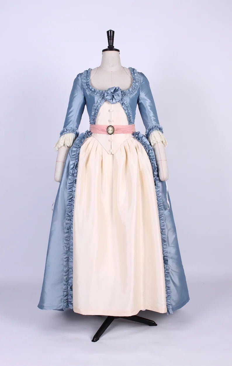Enchanted Blue Rococo Dress with Pink Bow Accent - Victorian Ball Gown Plus Size - WonderlandByLilian