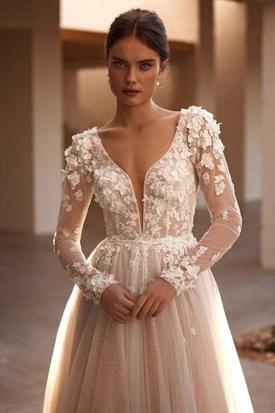 Enchanted Floral Appliqué Wedding Dress with Plunging Neckline and Sheer Sleeves Plus Size - WonderlandByLilian