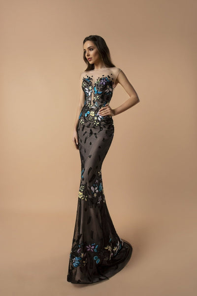Enchanted Midnight Tulle Mermaid Gown with Floral Embroidery - Sheer Elegance Evening Dress Plus Size - WonderlandByLilian