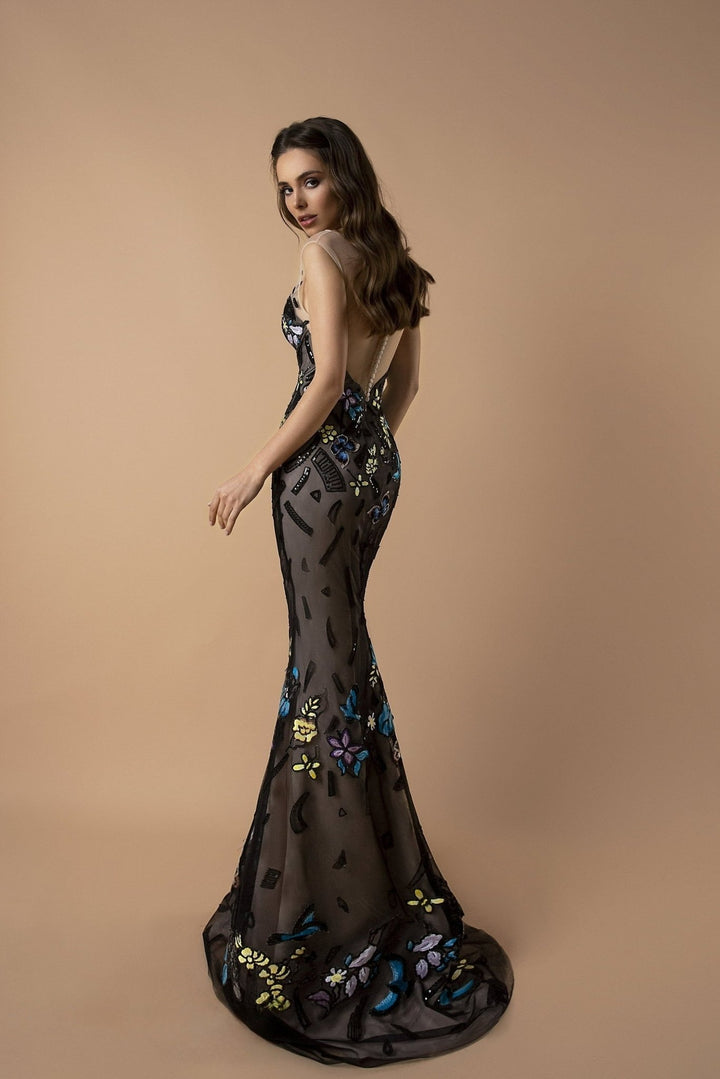 Enchanted Midnight Tulle Mermaid Gown with Floral Embroidery - Sheer Elegance Evening Dress Plus Size - WonderlandByLilian