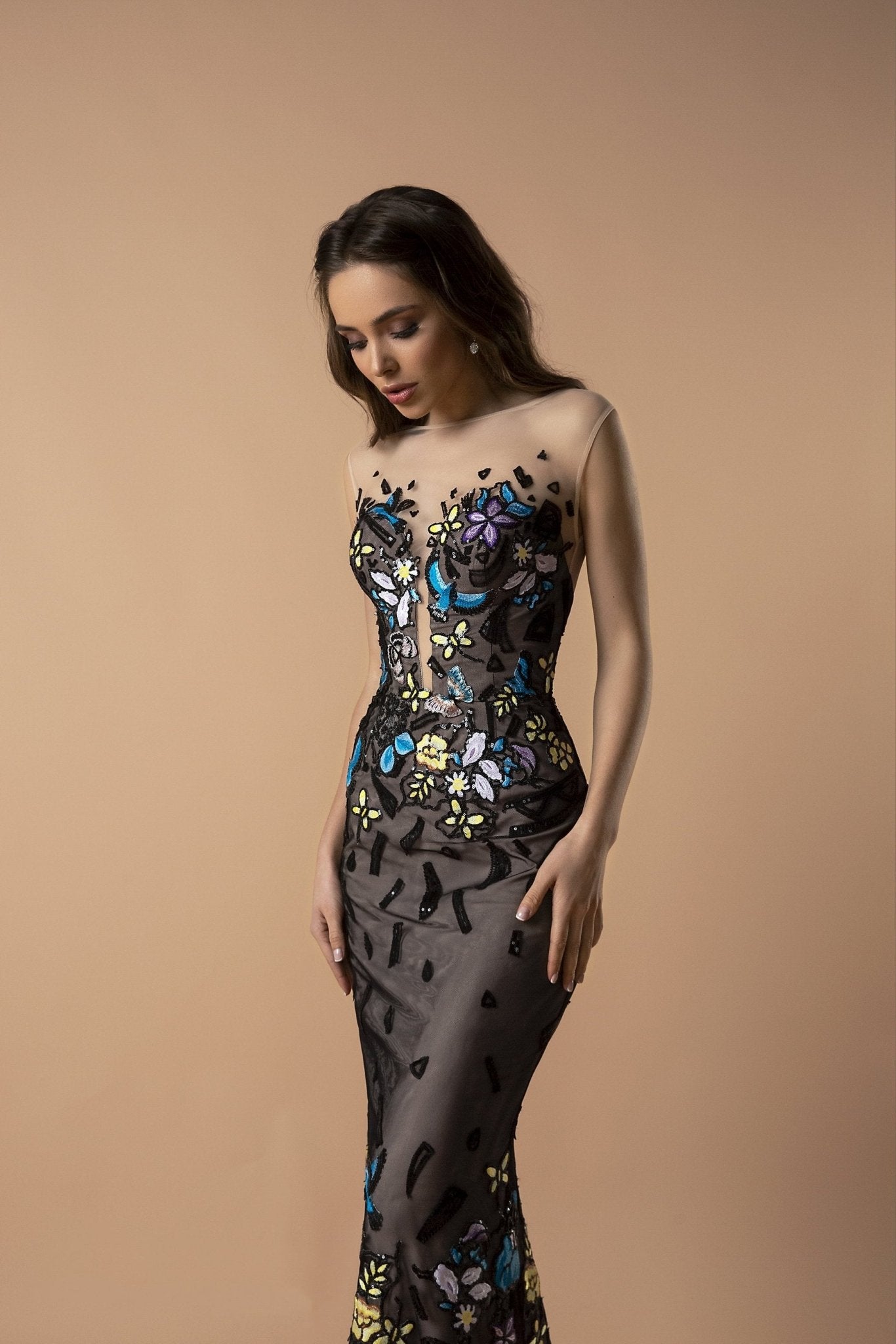 Enchanted Midnight Tulle Mermaid Gown with Floral Embroidery - Sheer Elegance Evening Dress Plus Size - WonderlandByLilian
