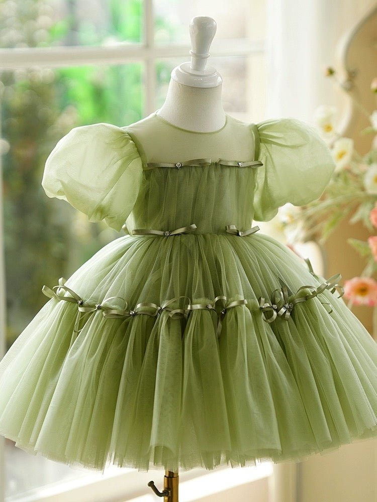 Enchanted Sage Green Tulle Flower Girl Dress with Crystal Embellishments – Plus Size - WonderlandByLilian