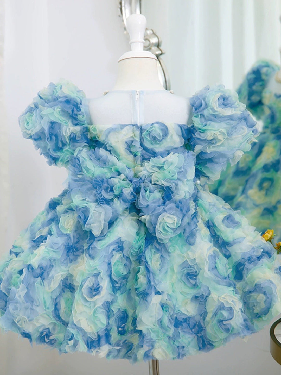 Enchanting Blue and Green Floral Tulle Dress with Pearl Necklace – Plus Size - WonderlandByLilian